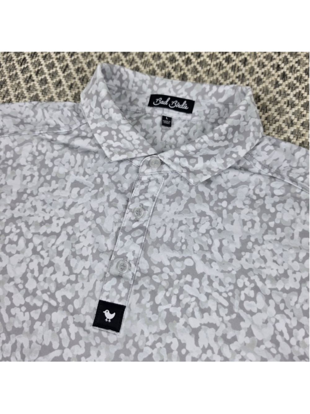 Bad Birdie Golf Polo Shirt Mens Large Gray White Camo Pattern Performance